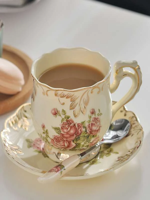 1pc Floral Pattern Mug & 1pc Saucer & 1pc Spoon Multicolor