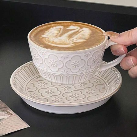 1pc Vintage French Style Ceramic Coffee Cup & Saucer, Ins Afternoon Luxury Latte Cup With Embossed Flower Pattern Beige