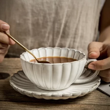 Japanese Retro Coffee Cup & Saucer Set, Ceramic Latte Cup For Afternoon Tea 1 Set (Cup+Saucer) White