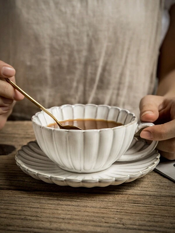 Japanese Retro Coffee Cup & Saucer Set, Ceramic Latte Cup For Afternoon Tea 1 Set (Cup+Saucer) White