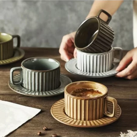 1pc 250ml (1 Cup + 1 Saucer) Kiln Change Vertical Striped Retro Distressed Ceramic Coffee Cup, Office Mug, Home Breakfast Cup, Afternoon Tea Latte Cup, Creative Gift Set Coffee Cup and Saucer