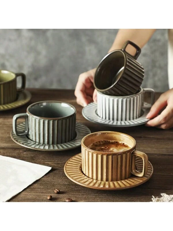 1pc 250ml (1 Cup + 1 Saucer) Kiln Change Vertical Striped Retro Distressed Ceramic Coffee Cup, Office Mug, Home Breakfast Cup, Afternoon Tea Latte Cup, Creative Gift Set Coffee Cup and Saucer