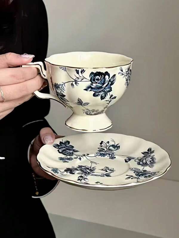 1pc French-Style Afternoon Tea Coffee Cup With Exquisite Ceramic Saucer Vintage Flower Tea Set White