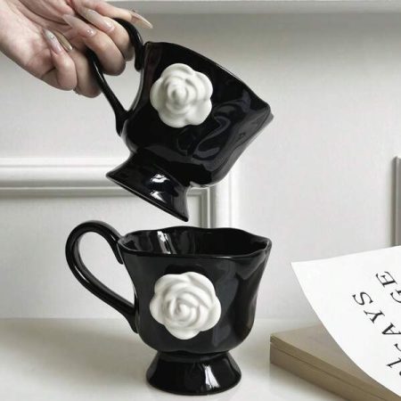 1pc 350ml High-End Camellia Ceramic Mug, Exquisite Design Tea Cup For Afternoon Tea Or Coffee, Gift Or Souvenir Black