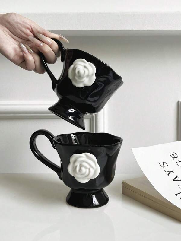 1pc 350ml High-End Camellia Ceramic Mug, Exquisite Design Tea Cup For Afternoon Tea Or Coffee, Gift Or Souvenir Black