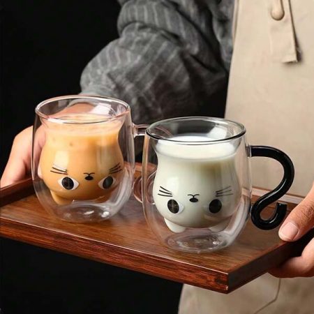 1pc, Cartoon Kitten Glass Coffee Mug, Double-Walled Espresso Coffee Cups, Heat Insulated Water Cups, Cute Kawaii Cat Drinkware, Birthday Gifts School Supplies Multicolor