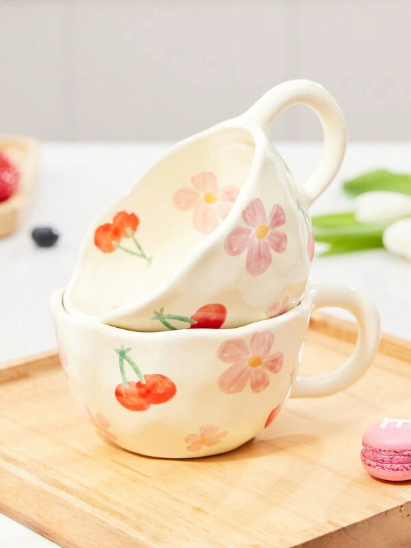 Coffee Mugs Ceramic Mugs Cherry Graphic Print Coffee Cups Hand Pinched Irregular Flower Milk Tea Cup Ins Korean Style Oatmeal Breakfast Mug Drinkware Kitchen (1PC) Multicolor