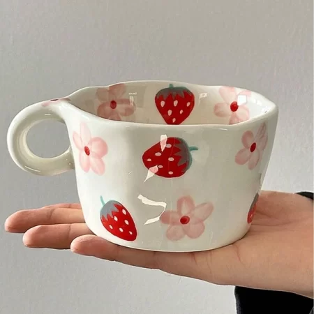 1pc Hand-Painted Strawberry Porcelain Coffee Cup, Ceramic Tea Cup With Creative Design, Classic Drinkware With Handle, Suitable For Hot Or Cold Beverages, Perfect For Summer And Winter Dining, Halloween, Christmas, Wedding, Birthday, Valentine's Day Gifts Multicolor