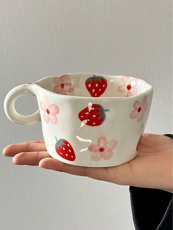 1pc Hand-Painted Strawberry Porcelain Coffee Cup, Ceramic Tea Cup With Creative Design, Classic Drinkware With Handle, Suitable For Hot Or Cold Beverages, Perfect For Summer And Winter Dining, Halloween, Christmas, Wedding, Birthday, Valentine's Day Gifts Multicolor