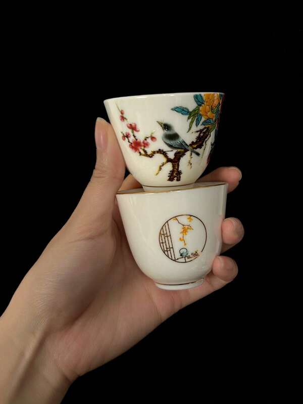 1pc Retro Ceramic Tea Cup, Hand Painted Flower & Bird Design, Collectible Item, Great For Festival & Birthday Gift 8 Cups