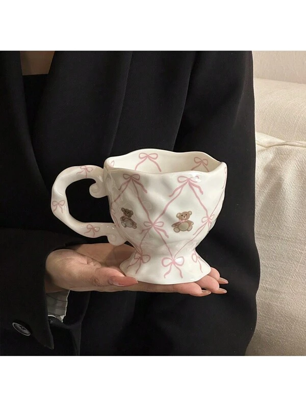 Creative Mark Cup With Antique-Style Underglaze Color: Hand-Painted Illustrations Of Silk Butterflies And Teddy Bears On Home Tea Cup, Cute Souvenir Gift Multicolor