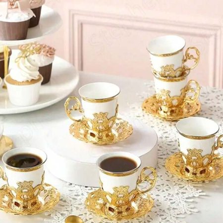 4pcs/Set Gold Rimmed Turkish Coffee Cup With Saucer, Vintage European Style Electroplated Ceramic Cup & Saucer Set, Includes 2 Cups And 2 Saucers For Afternoon Tea Serving Multicolor