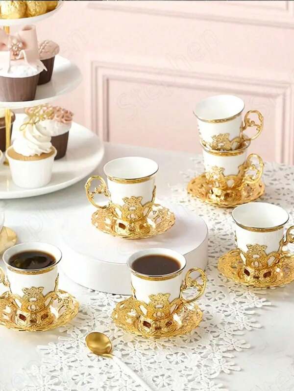 4pcs/Set Gold Rimmed Turkish Coffee Cup With Saucer, Vintage European Style Electroplated Ceramic Cup & Saucer Set, Includes 2 Cups And 2 Saucers For Afternoon Tea Serving Multicolor