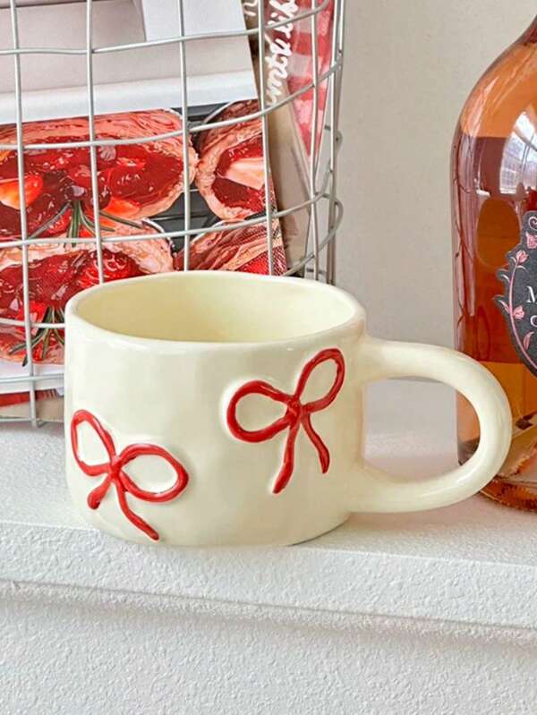 1pc Ceramic Mug With Bow Design, Cream Color, Fashionable Couple Mug, Gift Box Set, Birthday Gift Multicolor