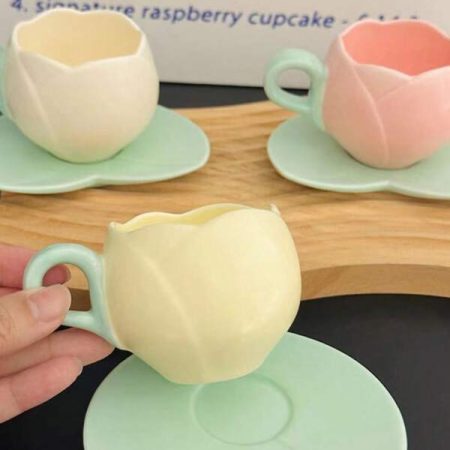 1pc 100ml Mini Ceramic Embossed Tulip Shaped Cup & Saucer, Specialty Coffee Cup Multicolor