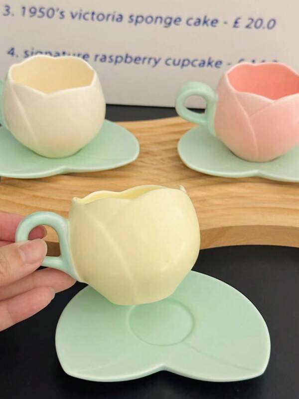 1pc 100ml Mini Ceramic Embossed Tulip Shaped Cup & Saucer, Specialty Coffee Cup Multicolor