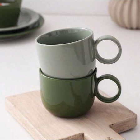 1 Pc 250ML Ring Handle Cute Ceramic Coffee Mugs Vintage Style Morandis Green Color Porcelain Tea Cup For Gifts Or Back To School Ring Cup