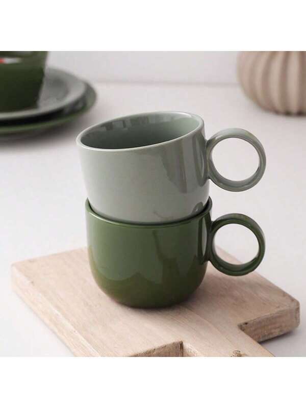 1 Pc 250ML Ring Handle Cute Ceramic Coffee Mugs Vintage Style Morandis Green Color Porcelain Tea Cup For Gifts Or Back To School Ring Cup