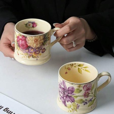 1pc Ceramic Mug, Retro Floral Print Luxury Style Coffee Cup, Unique 3D Design Water Mug, Handpainted Gold Rim Tea Cup, Suitable For Various Holiday Gifts Multicolor