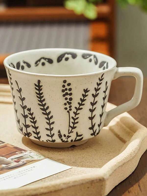 1pc, 11.16 Oz Ceramic Coffee Cup, Coffee Cup With Plant Pattern, Water Cup With Flower And Leaf Pattern, Birthday Gift Stoneware Creative Mug Water Cup Niche Flower Breakfast Milk Mancao