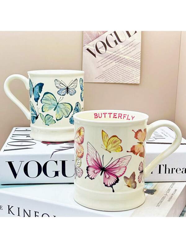 Butterfly Ceramic Mug, Large Capacity Butterfly Print Coffee Mug, Multi-Purpose Household Drinking Cup Blue