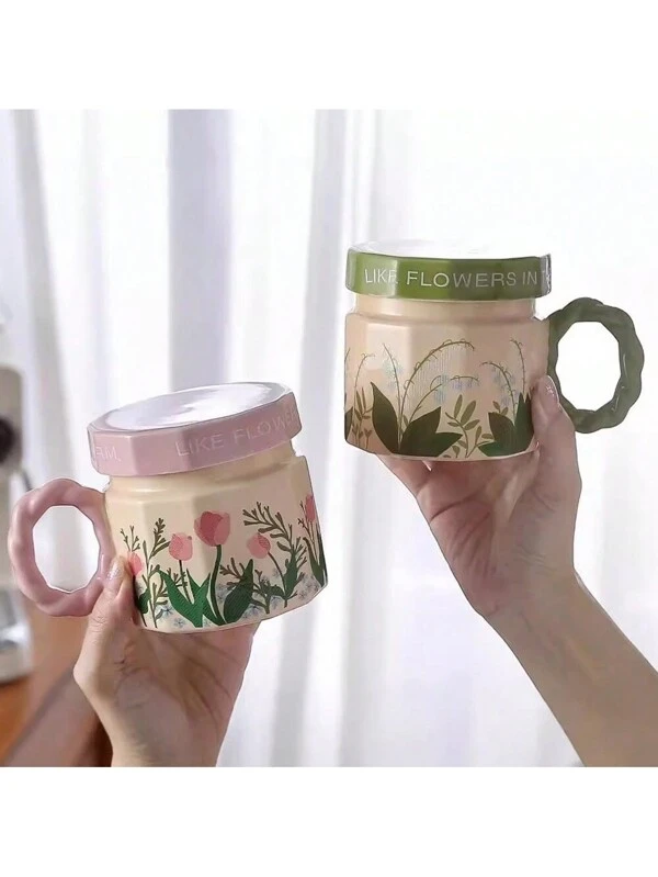 Retro Watercolor Floral Ceramic Cup, Romantic Design, Unique, With Lid, Luxurious Feel Floral Mug With Lid