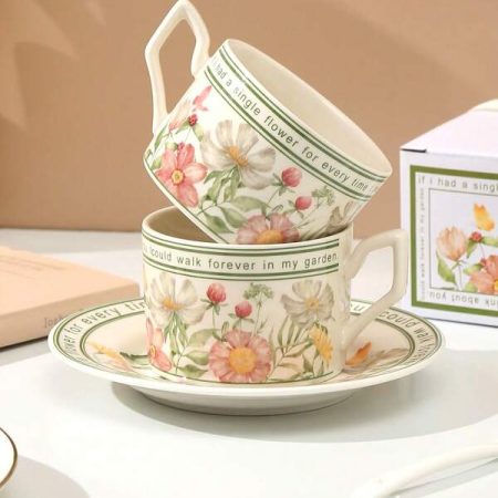 1Set Coffee Cup,Tea Cups Set And Saucer Set Afternoon Tea Cupcake Plate Mug Cup Vintage Ceramic Cup,Suitable For Drinking Tea, Coffee, Party And Holiday Gifts,Countryside Style Multicolor