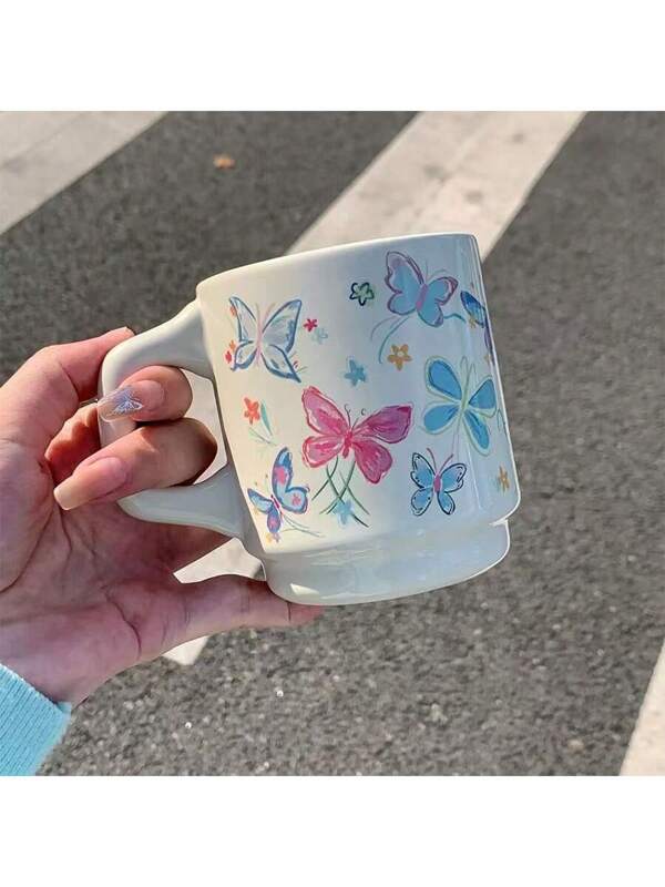 1pc Ins Retro Painted Butterfly Pattern Ceramic Coffee Cup,High-Appearance Couple Water Cup,Suitable For Office Afternoon Tea Coffee Cup,Ideal For Juice,Milk,Coffee-Perfect Birthday And Holiday Gift For Family,Gift For Him,Funny Mug,Suitable For Home Breakfast Milk Cup,Cold Drink Cup,Water Cup, Milk Tea Cup, Beer Cup, Reusable Ceramic Material,Also Suitable For Party Creative Gifts. Type C